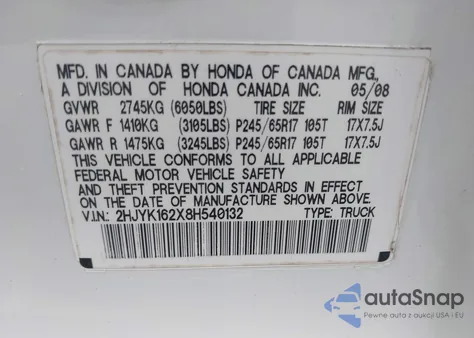 2008 Honda Ridgeline Rt z USA, uszkodzony, nr VIN 2HJYK162X8H540132